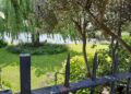 Allée ombragée bordée de végétation dans un jardin.