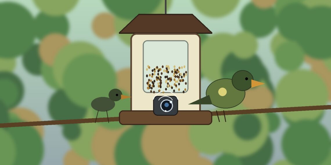 Caméra mangeoire connectée avec objectif intégré et oiseaux au jardin